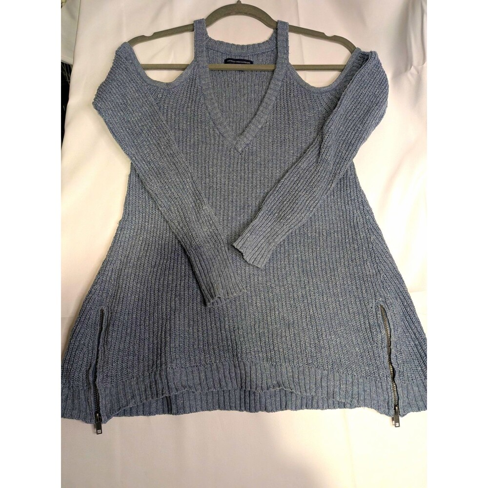 American Eagle Outfitters Women's Gray Solid Chunky-Knit V-Neck Cold Shoulder S